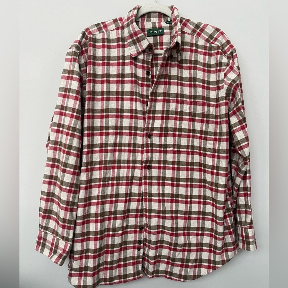 Orvis | Plaid Cotton Long Sleeve Button Down Flannel Red Brown